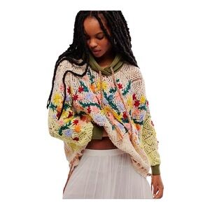 New Free People Wild Meadow Pullover Hooded Crochet Knit Cypress Cream Combo